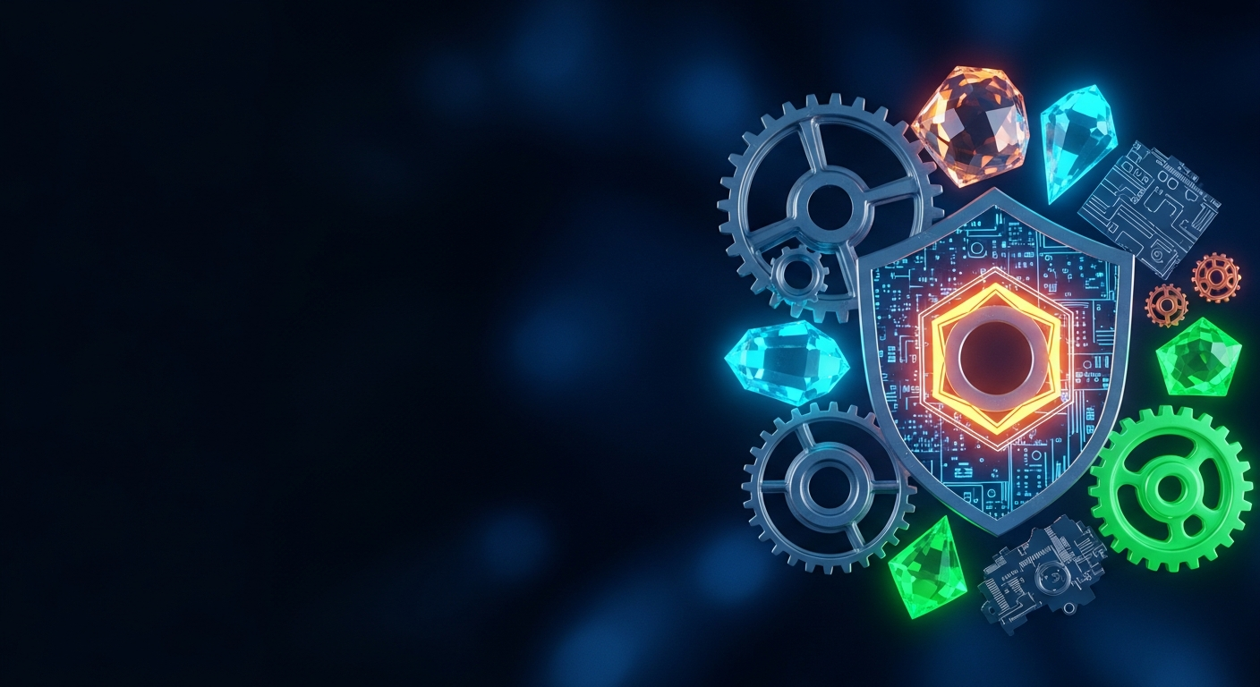Glowing geometric tools — gears, crystals, circuit fragments — being assembled into a unified hexagonal shield.