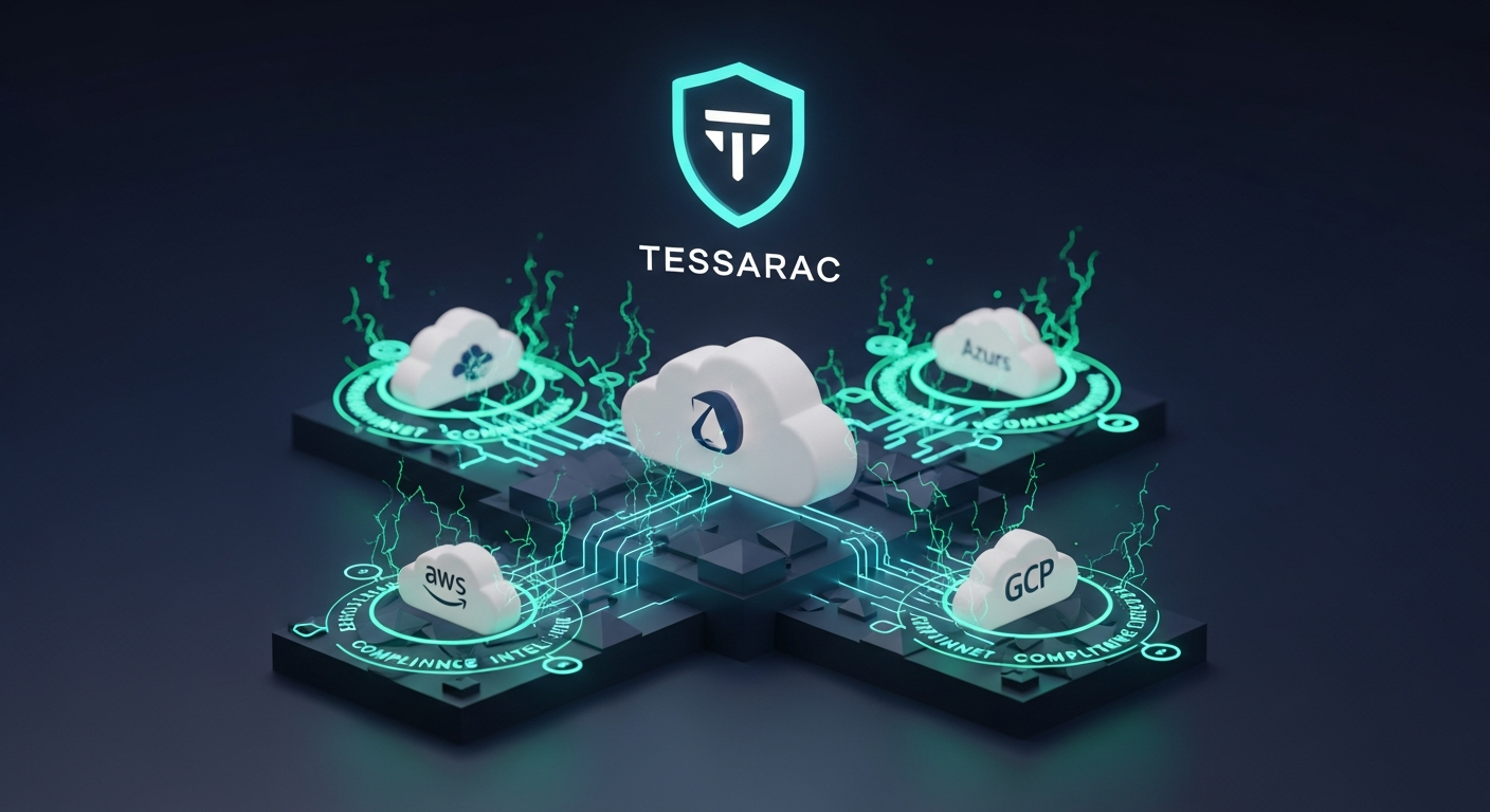 Multi-cloud landscape protected by a central Tessarac shield with threat-intel orbits.