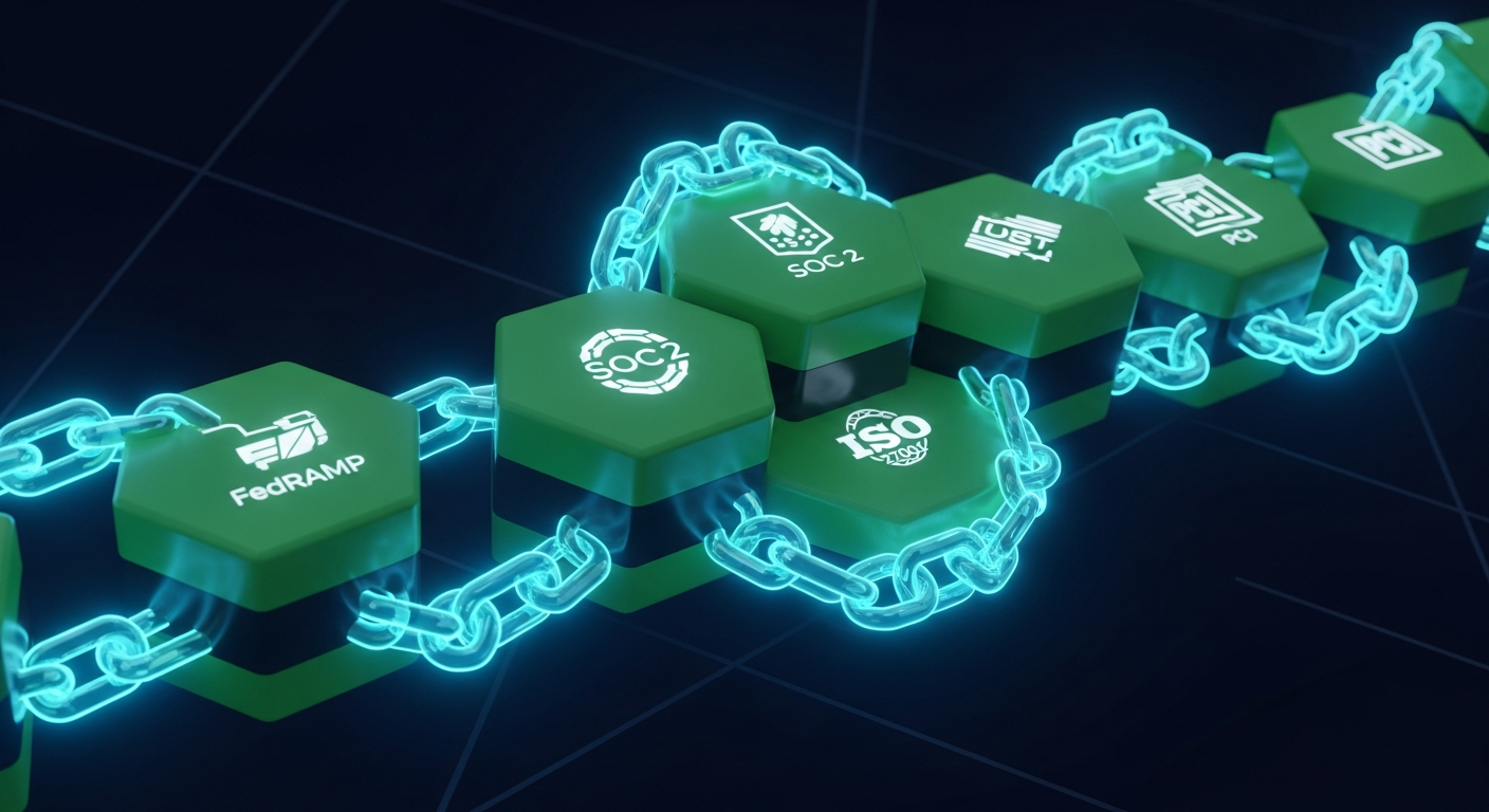 Continuous audit chain with interlocking emerald hexagonal blocks and compliance framework emblems.