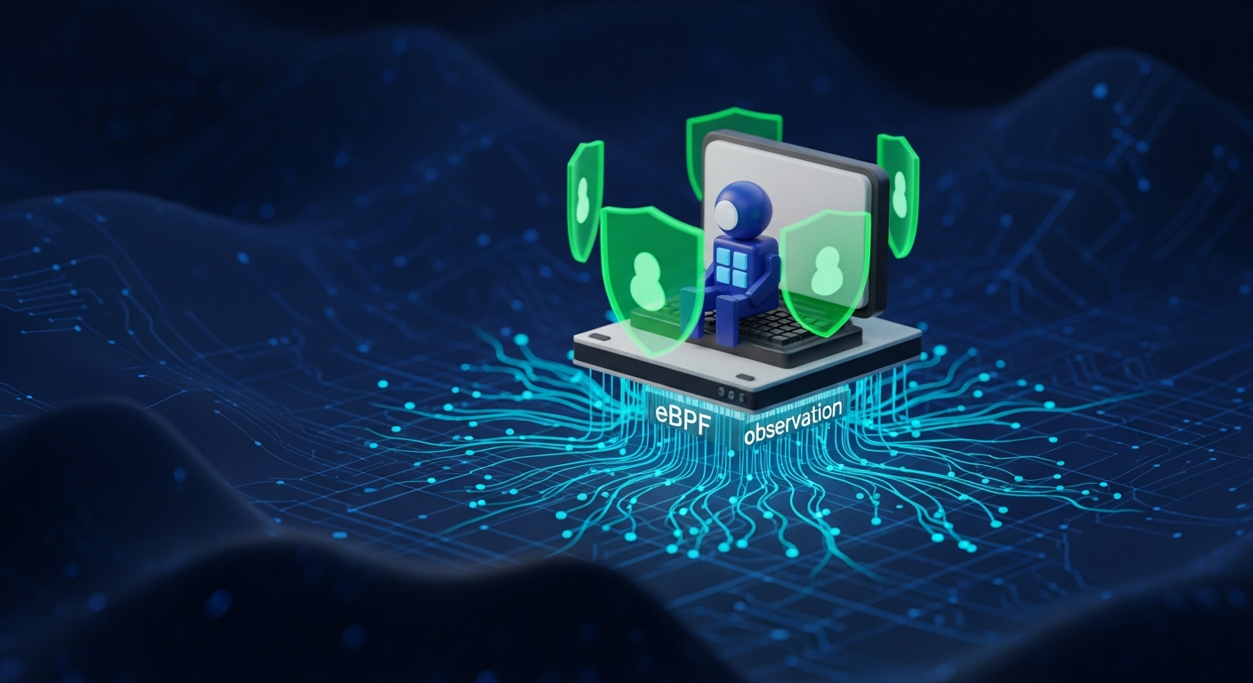 Sentinel agent on a workstation with eBPF observation filaments and emerald shield projections.