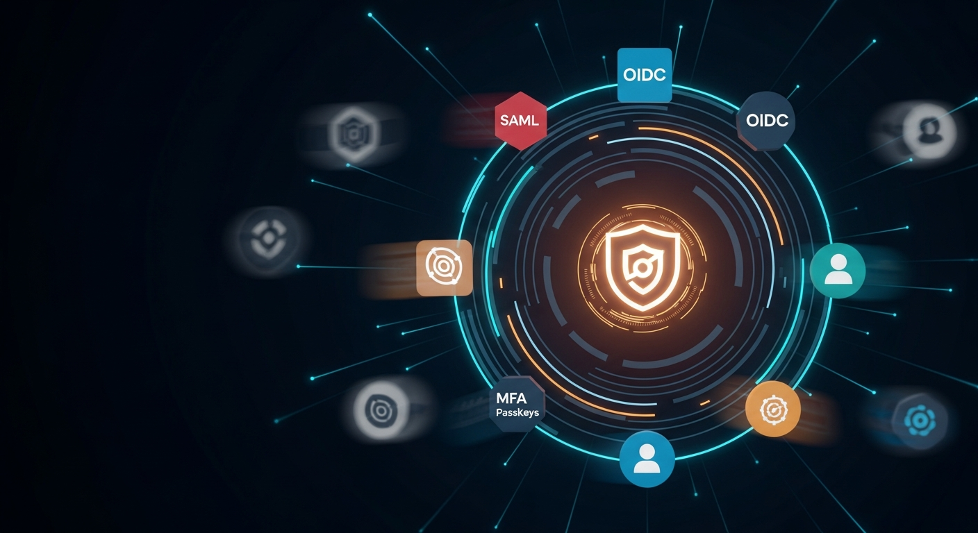 Concentric authentication factors radiating from a central trust shield in deep midnight blue.