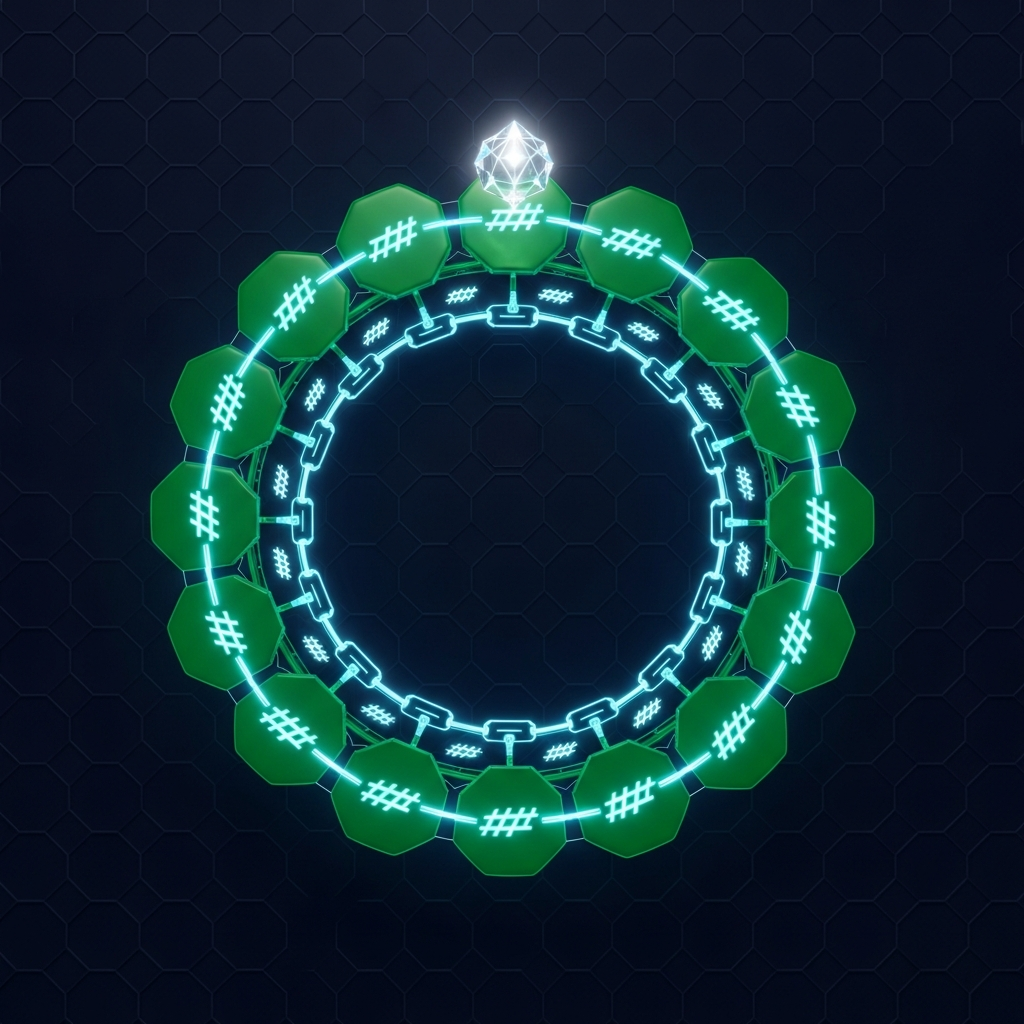 A closed ring of hash-chained blocks, unbroken, with a single faceted marker set at the top.
