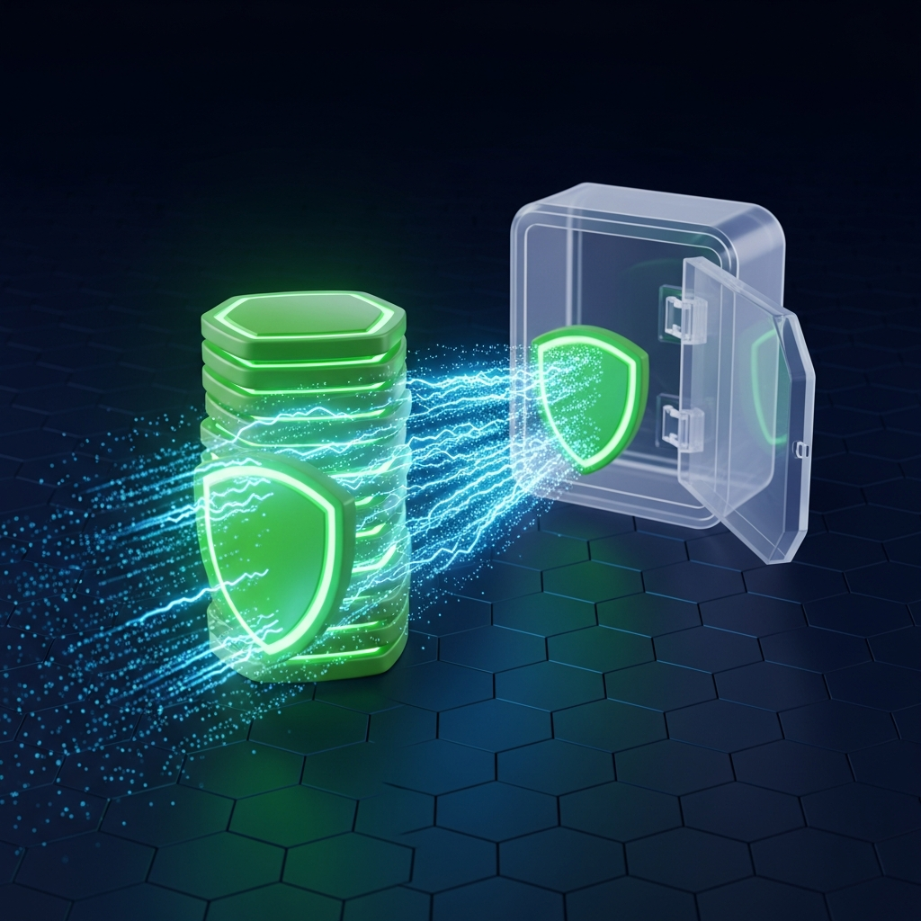 A shield of protection extending from a stack of stored data to an open, transparent lockbox.