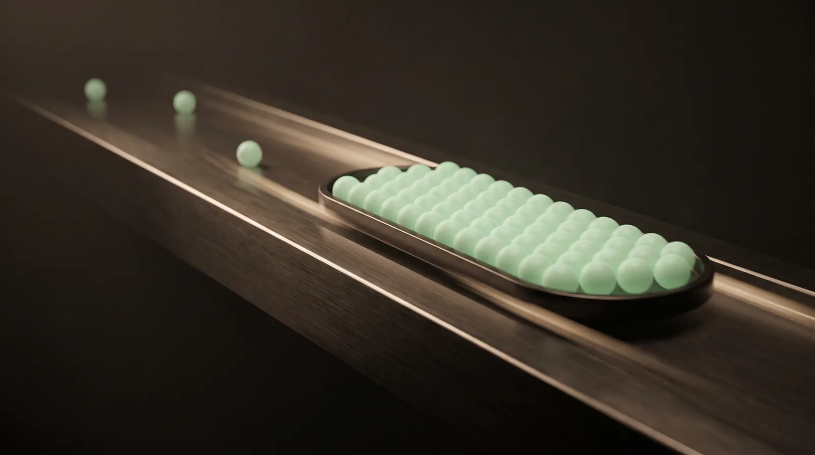 Dozens of small glowing spheres packed into one dark tray gliding along a rail, a few lone spheres trailing behind.