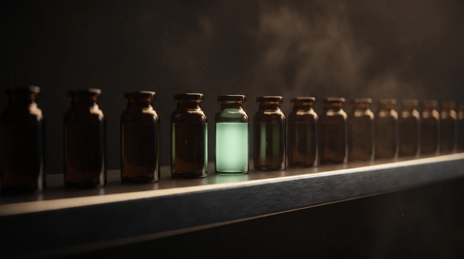 A row of identical dark glass vials on a shelf; one glows green and its light shows faintly in every neighbour.