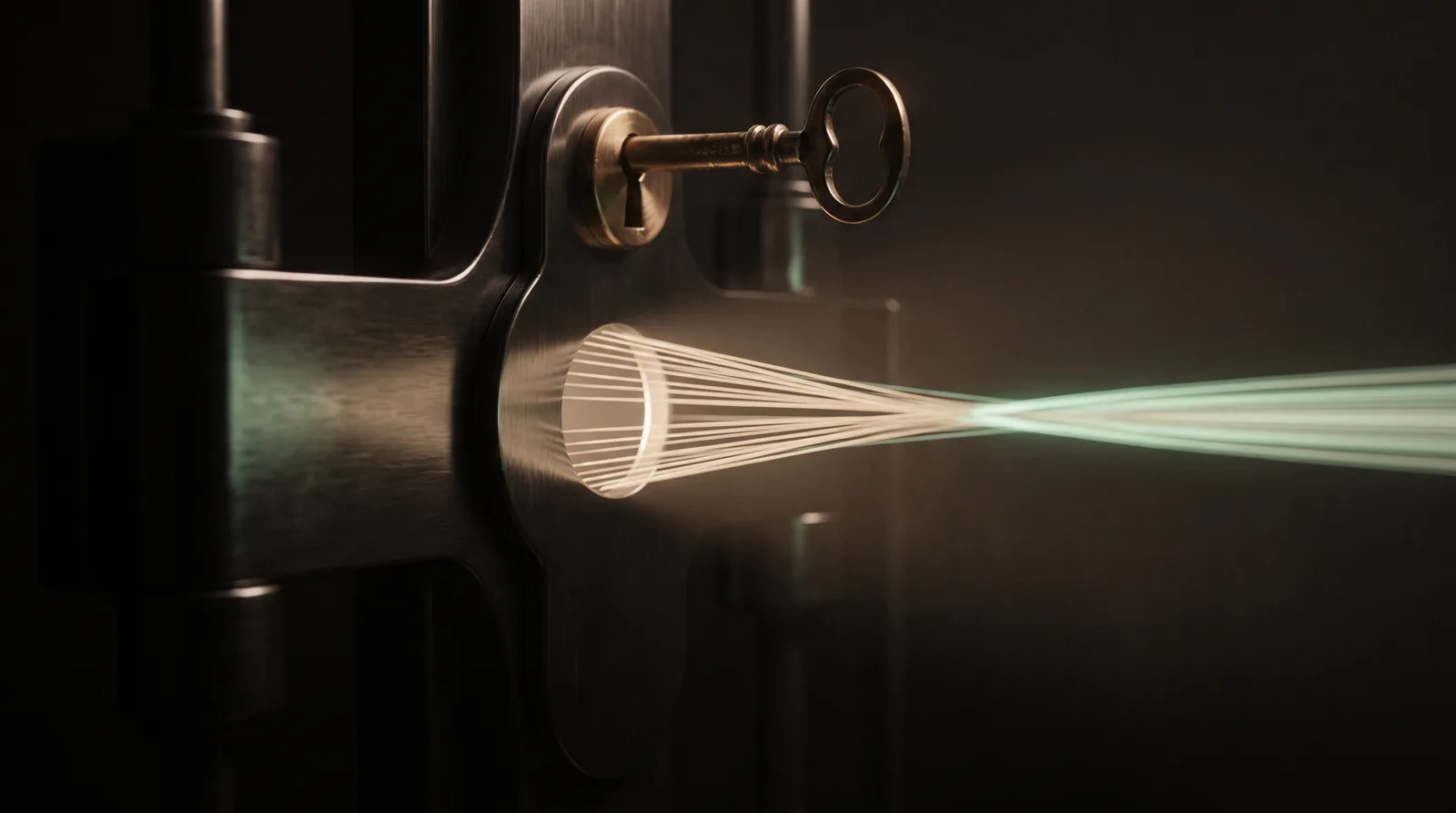 A brass key turned in a dark machined gate; dozens of light threads converge through one aperture into a single beam.