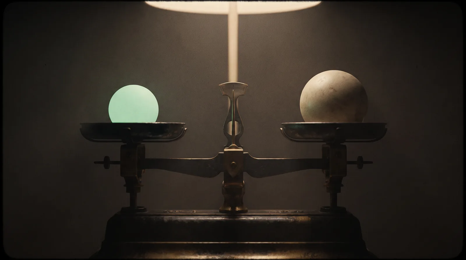 A brass laboratory balance holding level: a small glowing green sphere on one pan, a larger dim sphere on the other.