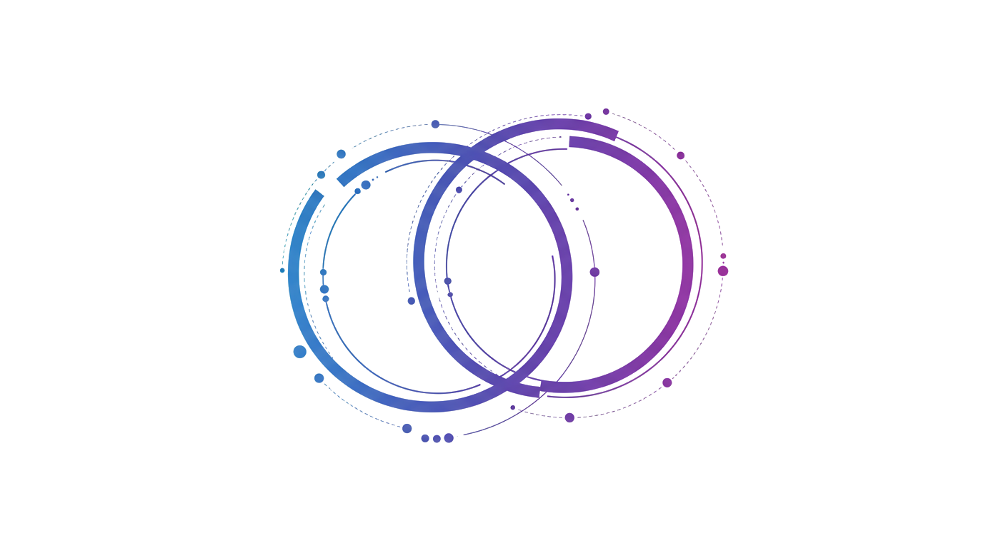 Abstract illustration of two interlocking rings in indigo and violet.