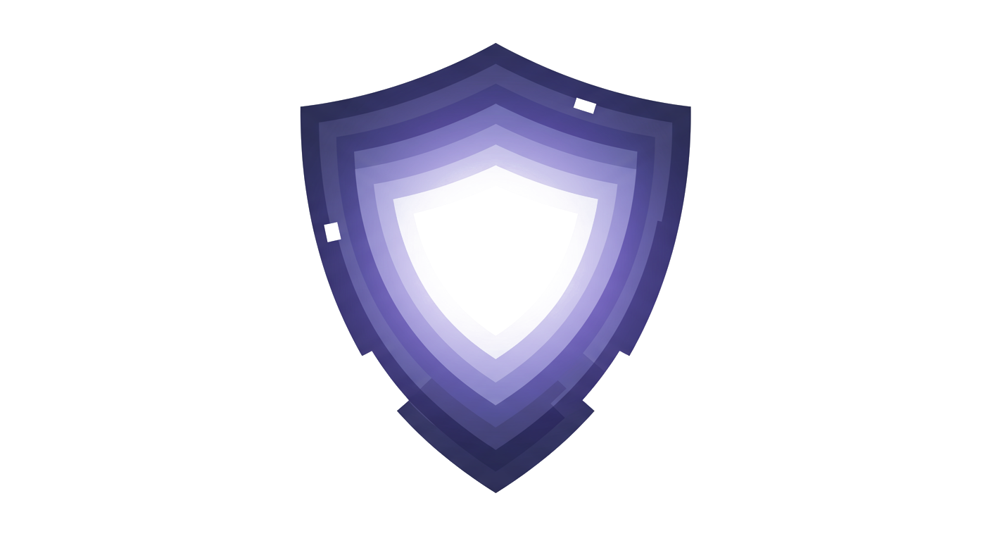 Abstract layered shield illustration in indigo and violet.